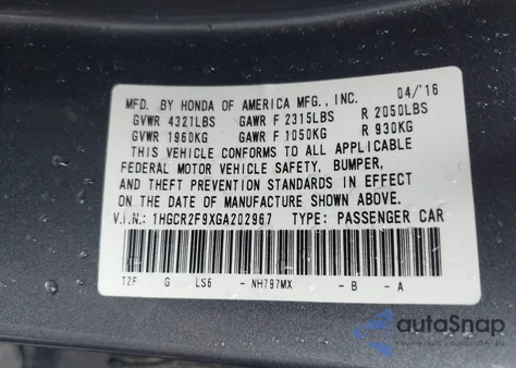 2016 Honda Accord Ex-L z USA, uszkodzony, nr VIN 1HGCR2F9XGA202967